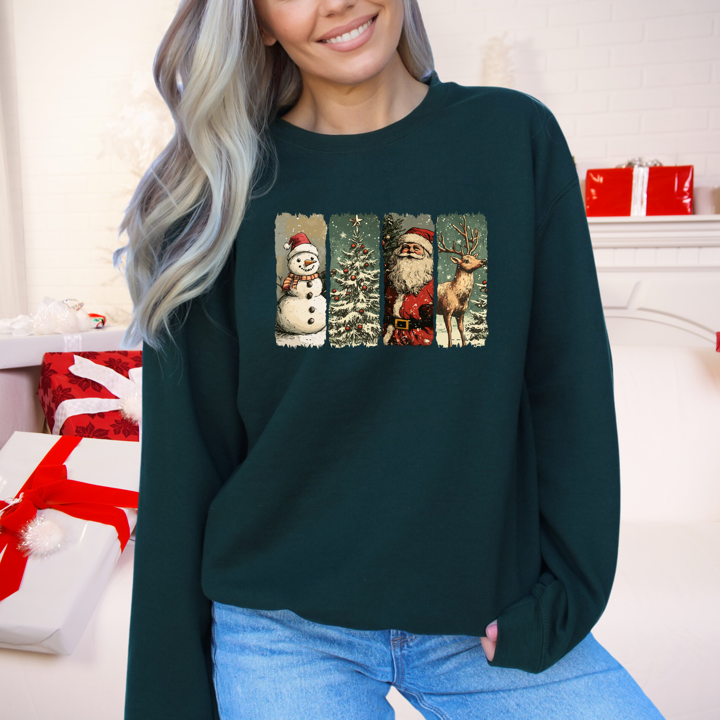 Vintage Christmas Scenes Graphic Crewneck Sweatshirt